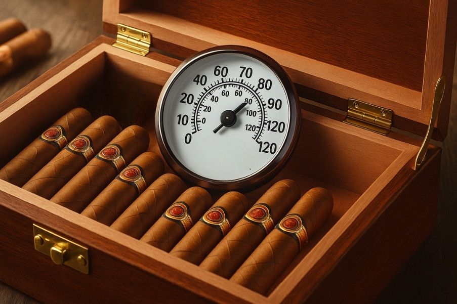 Open wooden cigar humidor containing neatly arranged brown cigars with red and gold bands, featuring a round analog cigar hygrometer and thermometer in the center displaying temperature and humidity levels, all placed on a warm wooden surface.